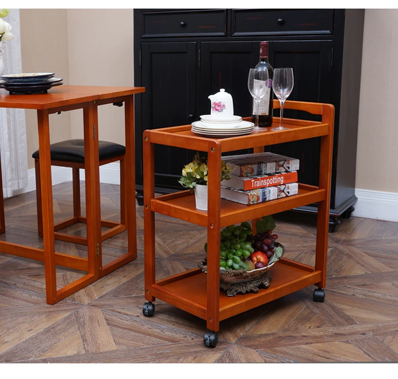 

Solid Wood Movable Dining Car Multi-function Tea Cart Household Kitchen Shelf Wine Cart Three-storey Trolley Dining Side Car