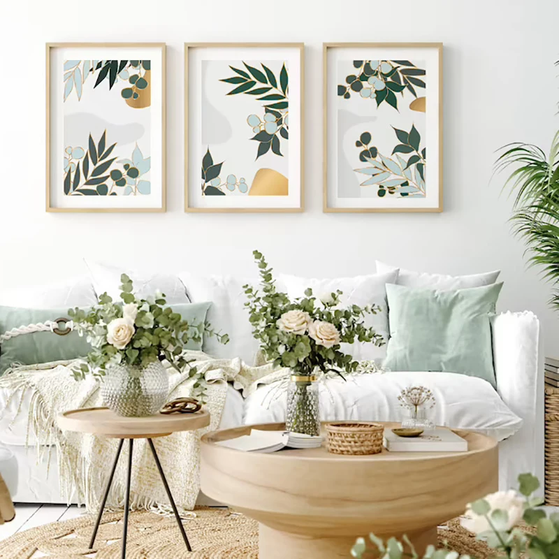 Абстрактный постер с золотыми листьями Картина на холсте зелеными и цветами