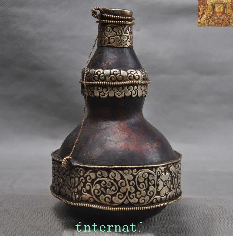 

wedding decoration Old Tibet Buddhism silver Inlay natural gourd flower pattern Cup Bottle Pot Jar New Year