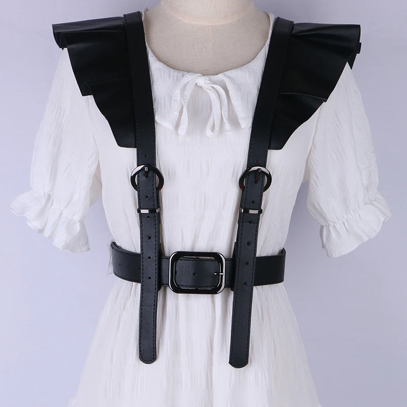 Black Pu Leather bat Shoulder belts For women Angel lady Ruffles Split Joint Belt Fashion Tide All-match goth vest on dress