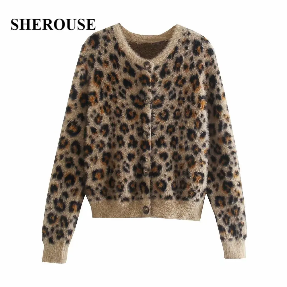 

Sherouse Women Fashion Leopard Print Faux Fur Knit Cardigan Round Neckline Long Sleeves Chic Lady Woman Vintage Knitted Jacket