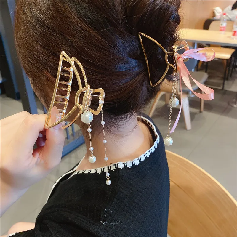 

Fashion Long Pearl Pendant Hairpin Women Elegant Temperament Organza Bowknot Tassel Headdress Korean golden Shark Clip Decoratio