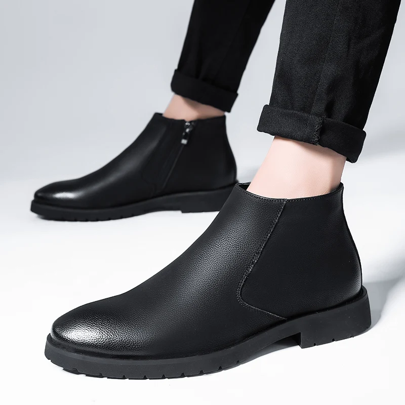 

Мужские ботинки челси из натуральной кожи, модные брендовые удобные прогулочные ботинки, без застежки, уличные плюшевые теплые зимние сапо...