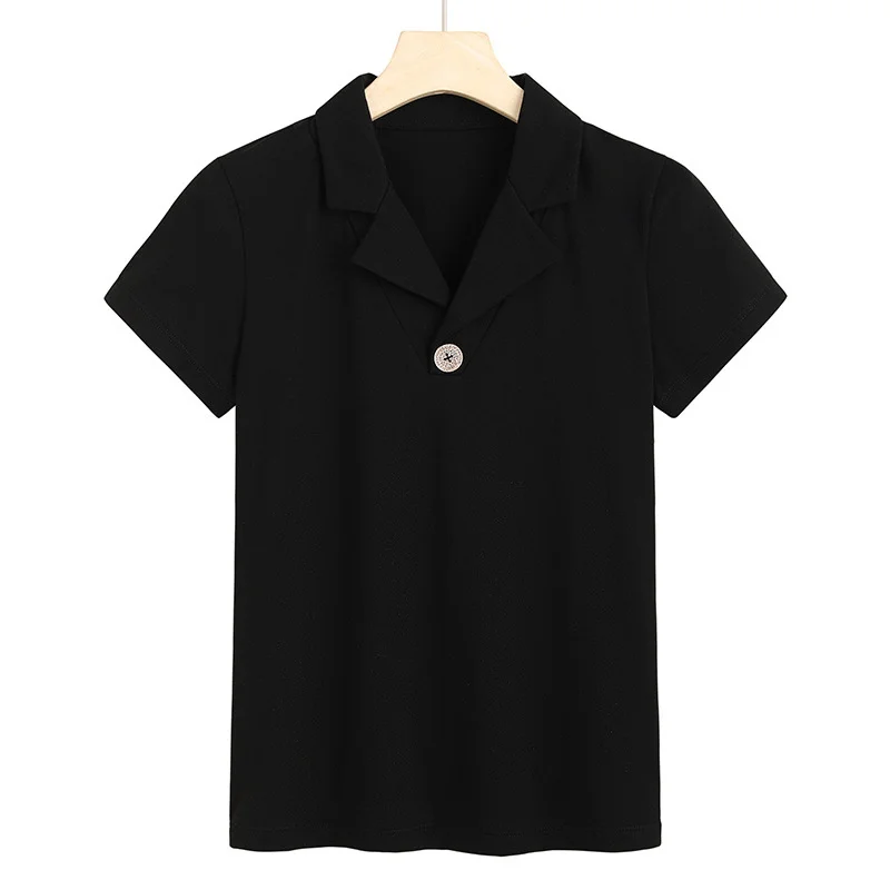 

2021 new short sleeve T-shirt women's suit collar button advanced casual half sleeve Lapel undercover 6918