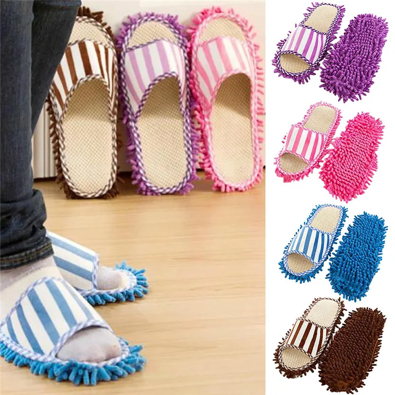 

Coral Fleece Striped Chenille Linen Mop Slippers Dust Mop Slipper Lazy House Floor Polishing Cleaning Easy Foot Shoe Cover @C