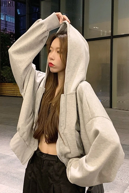 

WERUERUYU Autumn Women Loose Zipper Hoodies for women 2020 Casual Solid Long Sleeve Pocket Shirt Hooded Sweatshirt Tops Female