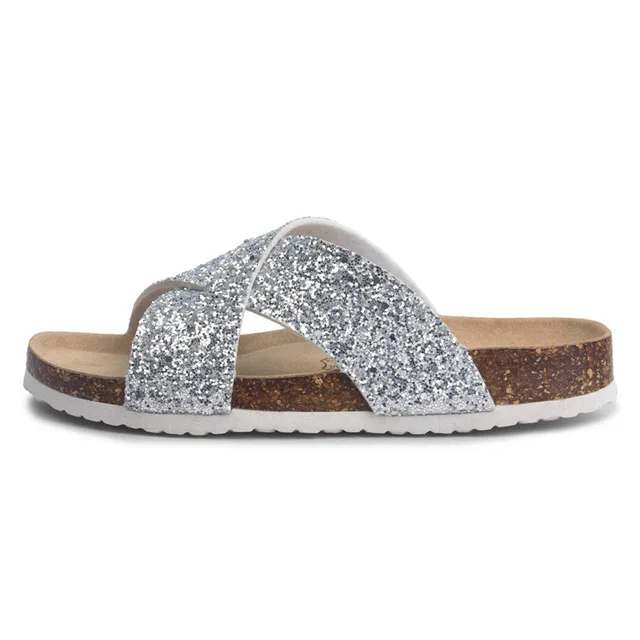 silver bling Новинка; модные летние пробковые сандалии; мужские повседневные пляжные шлёпанцы; сандалии с перекрестными ремешками на плоской подошве; большие размеры 35-45; цвет черный, белый, коричневый - Цвет: silver bling