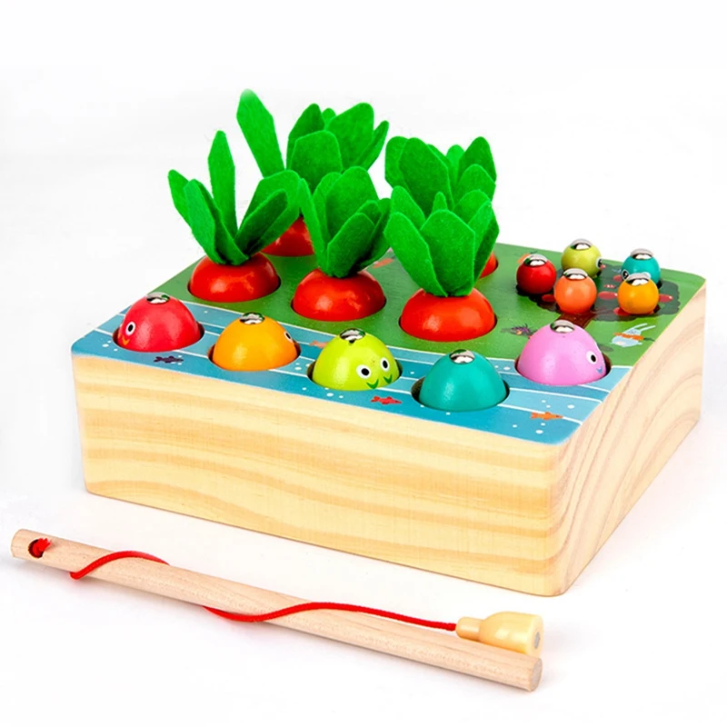 

Kids Wooden Magnetic Fishing Toy Catch Worm Pulling Carrot Games Interactive Educational Fishing Toy for Children