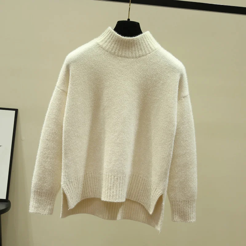 Однотонный женский свитер с высоким воротом свободный плотный теплый элегантный