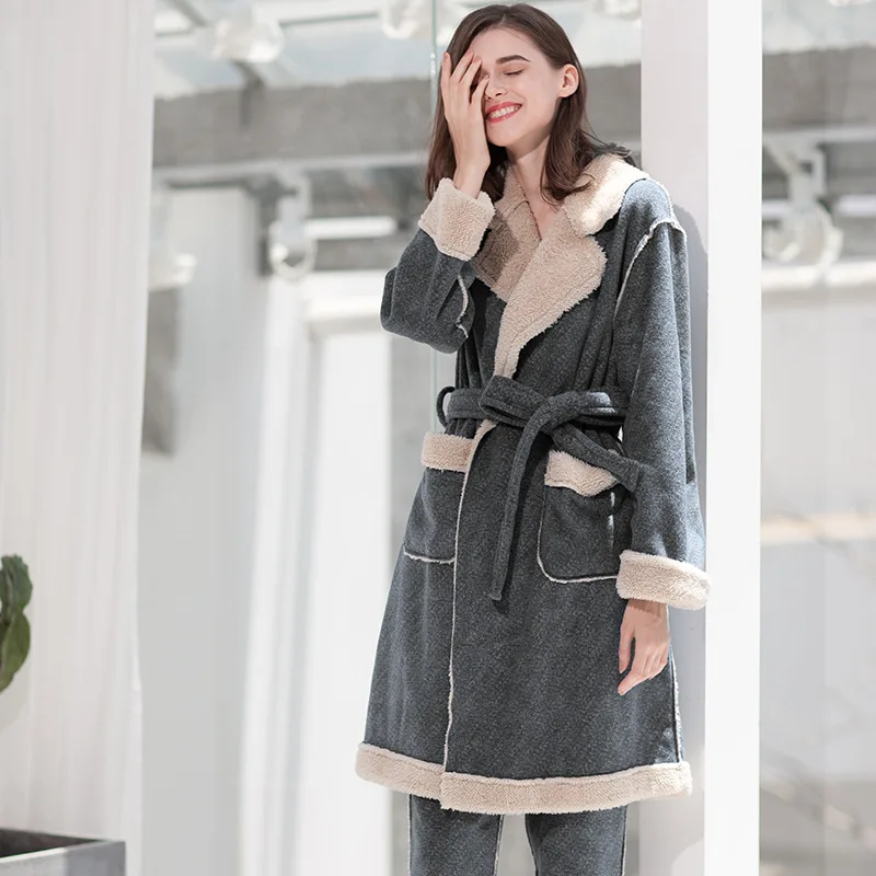 Autumn and Winter Bathrobe Couple Pajamas Female Nightgown Thickened Flannel Large Size Home Service Men and Women Extended Suit