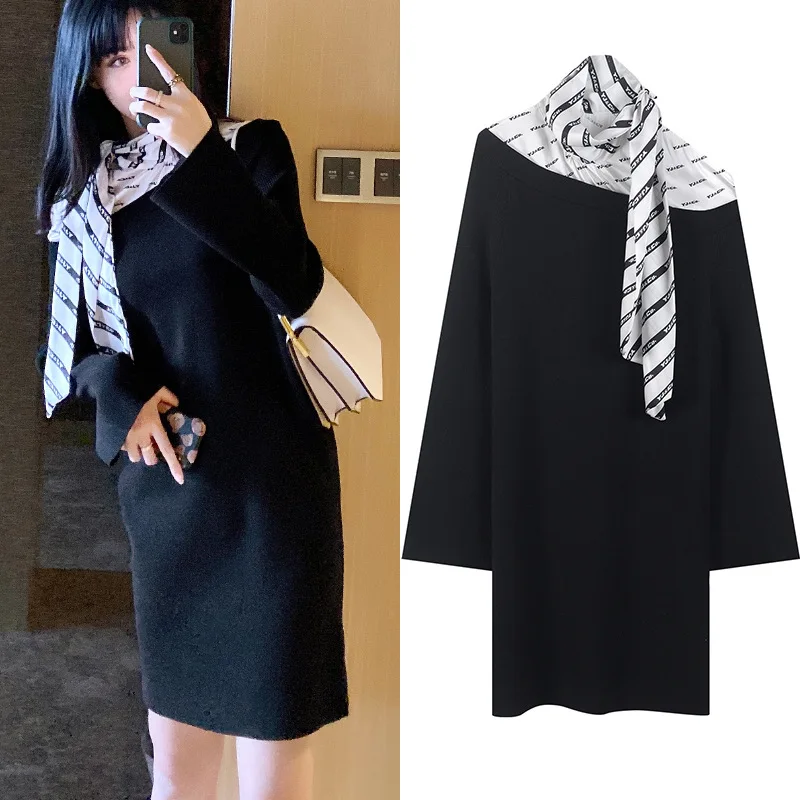 

ENGAGEMENT 2021 Long Dress Autumn Majeth New Scarf Stitching Knitted Sweater Skirt