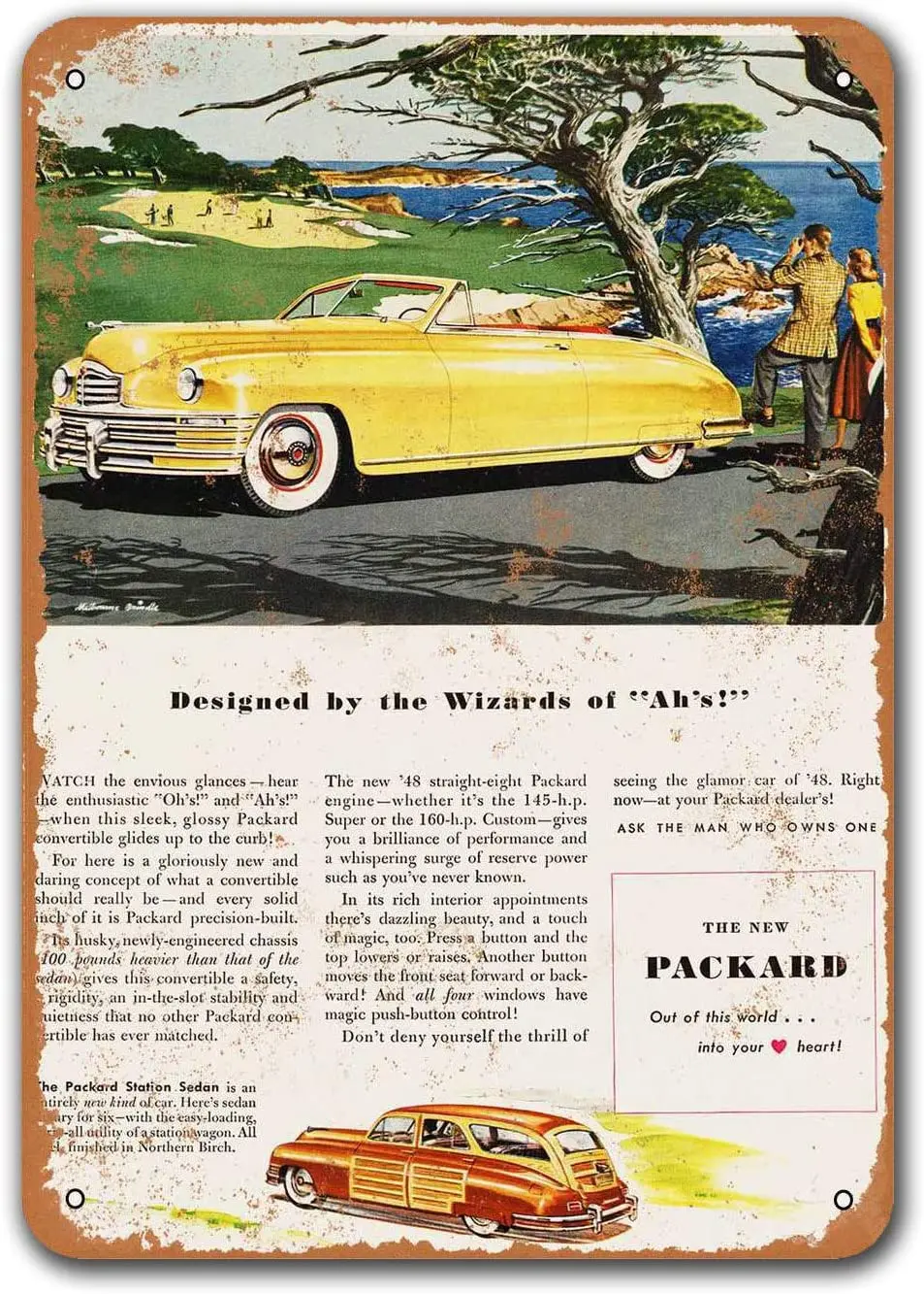 

1948 Packard жестяные технические автомобили, плакаты Sisoso, паб, мужская пещера, Ретро Декор стен 12x16 дюймов
