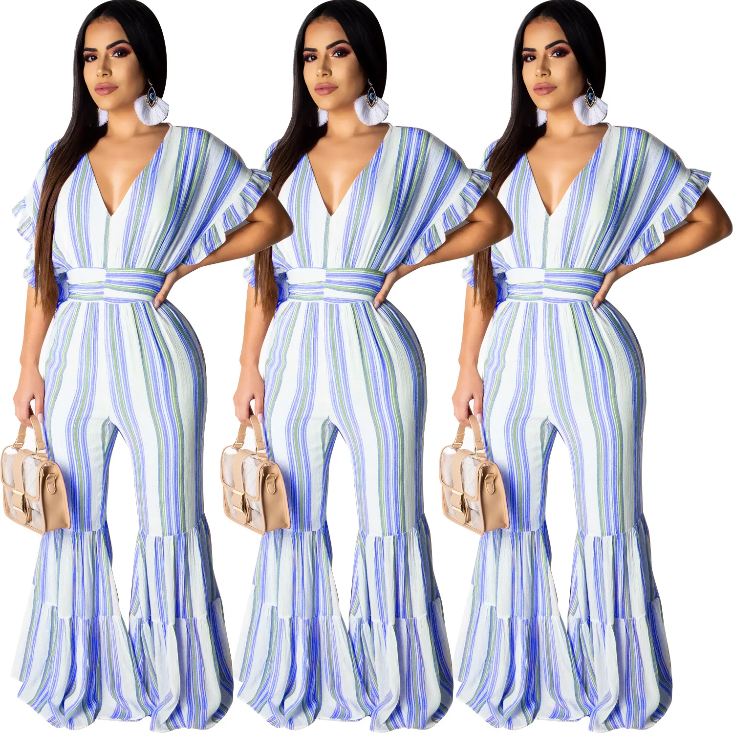 Женский комбинезон с принтом в полоску пляжный высокой талией и широкими