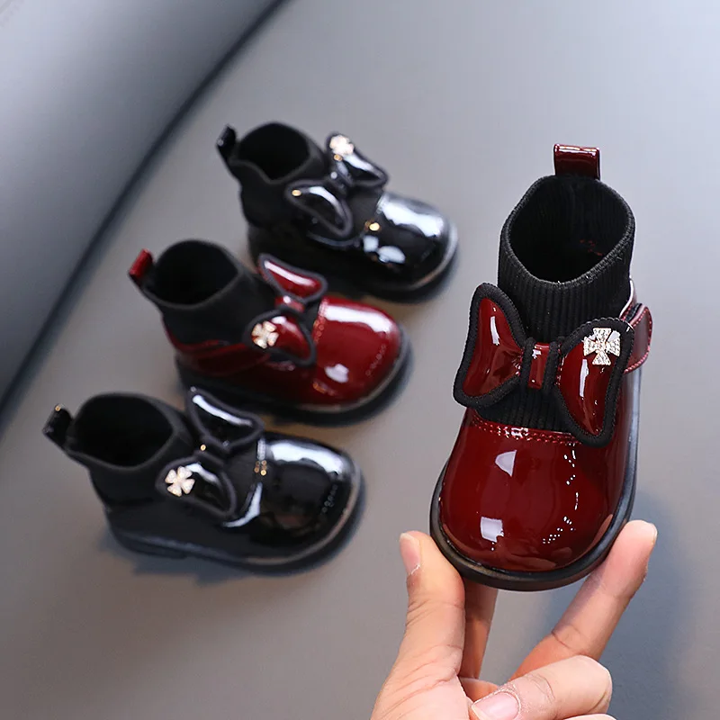 

Autumn and Winter Baby Girls Casual Knitted Leather Shoes Bow Princess Socks Boots Children's Shoes Hair