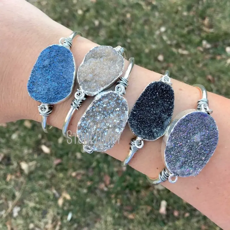 

BM11256 Silver Plated Druzy Bangle Bracelet Assorted Color Oval Geode Druzy Cuff Bracelet For Women Mix Random Colors