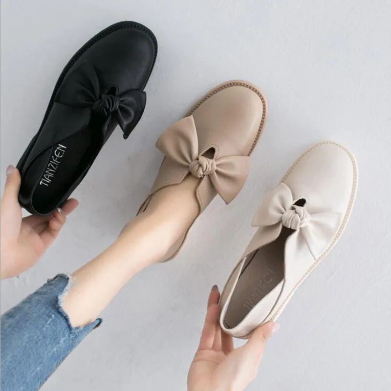 

New Women Flats Autumn Woman Loafers Genuine Leather Female Shoes Slip On Ballet Bowtie Women's Shoe Size