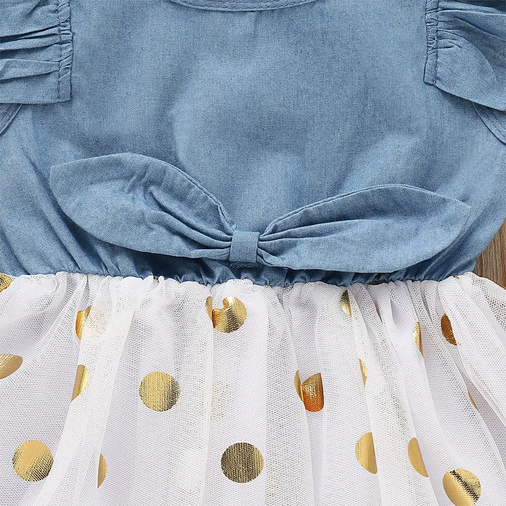 Модное джинсовое платье-пачка в горошек с рукавами-крылышками для маленьких