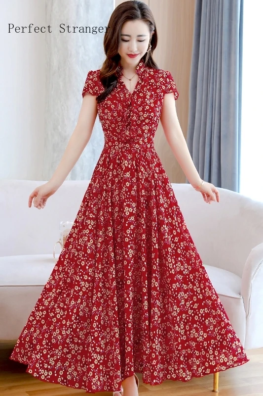 

2020 Summer New Arrival Elegant V Collar Ruffles Short Sleeve Flower Printed Hot Sale Women Chiffon Long Dress