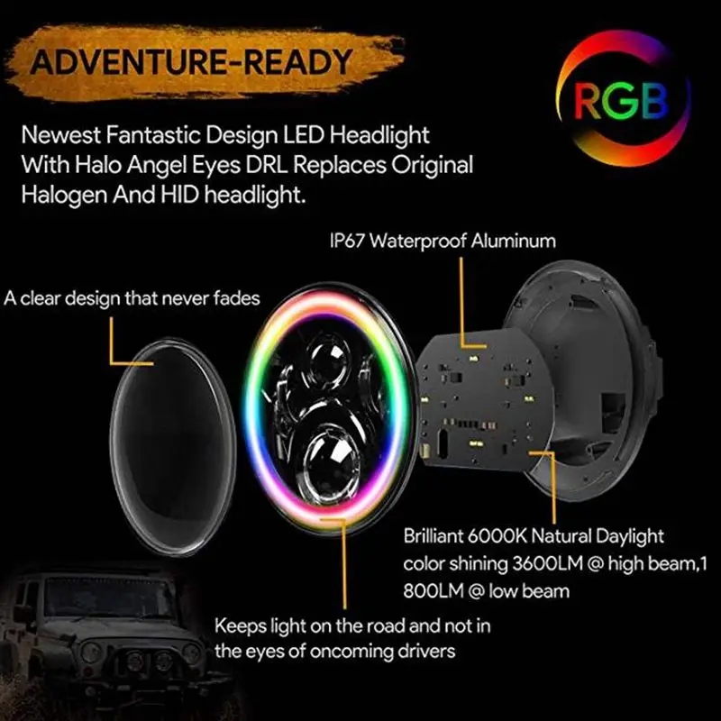 7 дюймов светодиодный фары для работы RGB ангельские глазки многоцветный DRL Bluetooth