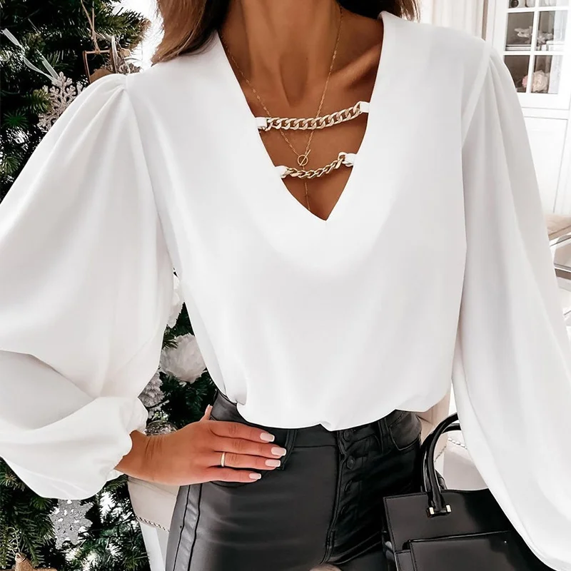 Новые осенние блузки с рюшами и расклешенными рукавами Женская однотонная