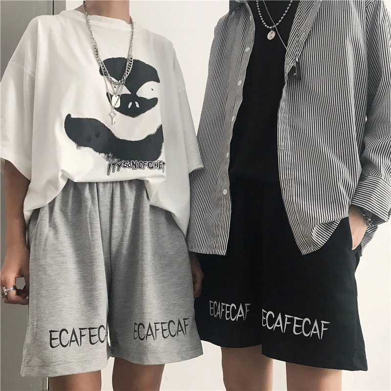 

NiceMix punk gothic shorts men bottom women summer Harajuku style students in loose wide-leg embroidery casual running pants