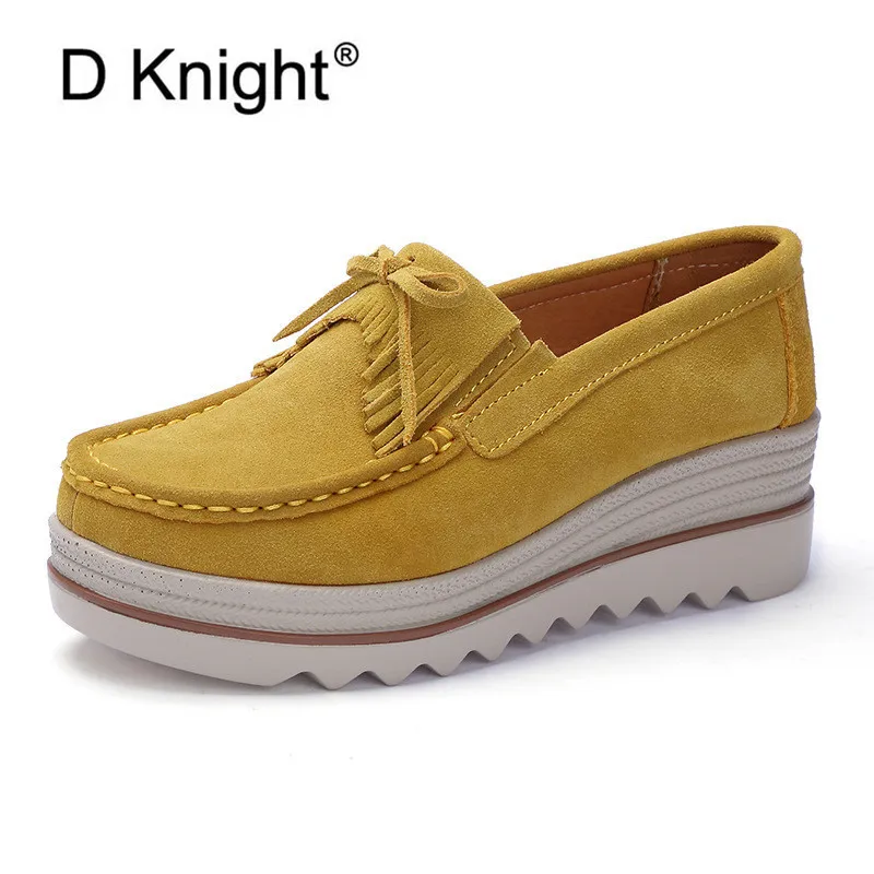 Туфли женские на танкетке бычья замша лоферы бант бахрома без застежки платформе