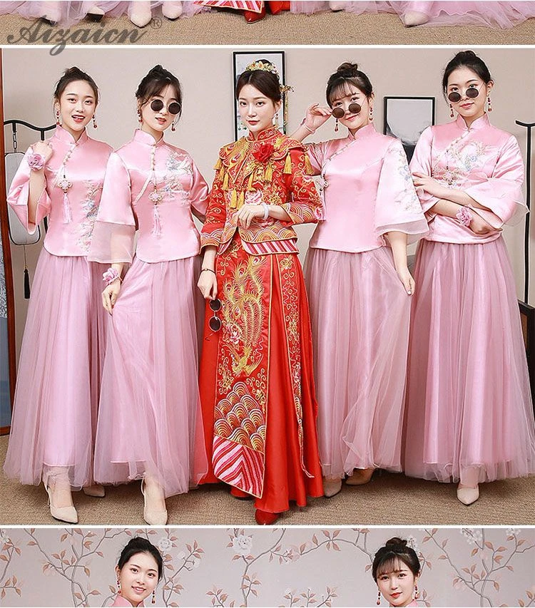 Модная розовая Пряжа юбка длинный Cheongsam Современная Подружка невесты винтажное платье Qi Pao женское традиционное китайское платье Qipao акция