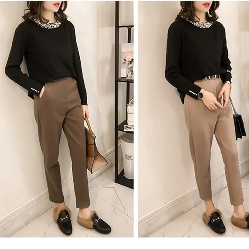 

4XL Plus size Women Beading Cotton T-shirt Spring 2021 Fashion Solid Color O-neck Long Sleeve Ladies Tops Elegant Pullover