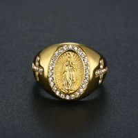 uunico stainless steel golden gilded ring aaa zircon ring cross catholic virgin mary ring
