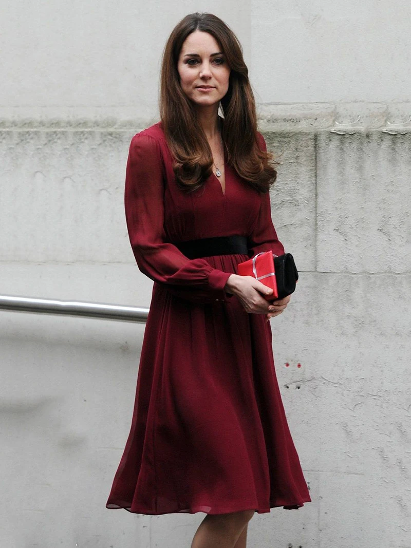 Платье с длинным рукавом Kate Middleton элегантное Бордовое платье v образным вырезом модель W050|Женские платья| |