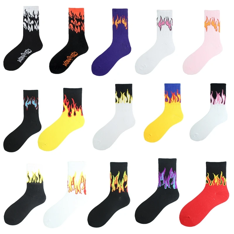 

Japanese Harajuku Women Men Flame Print Crew Socks Hip Hop Contrast Color Ribbed Sports Street Skateboard Tube Hosiery