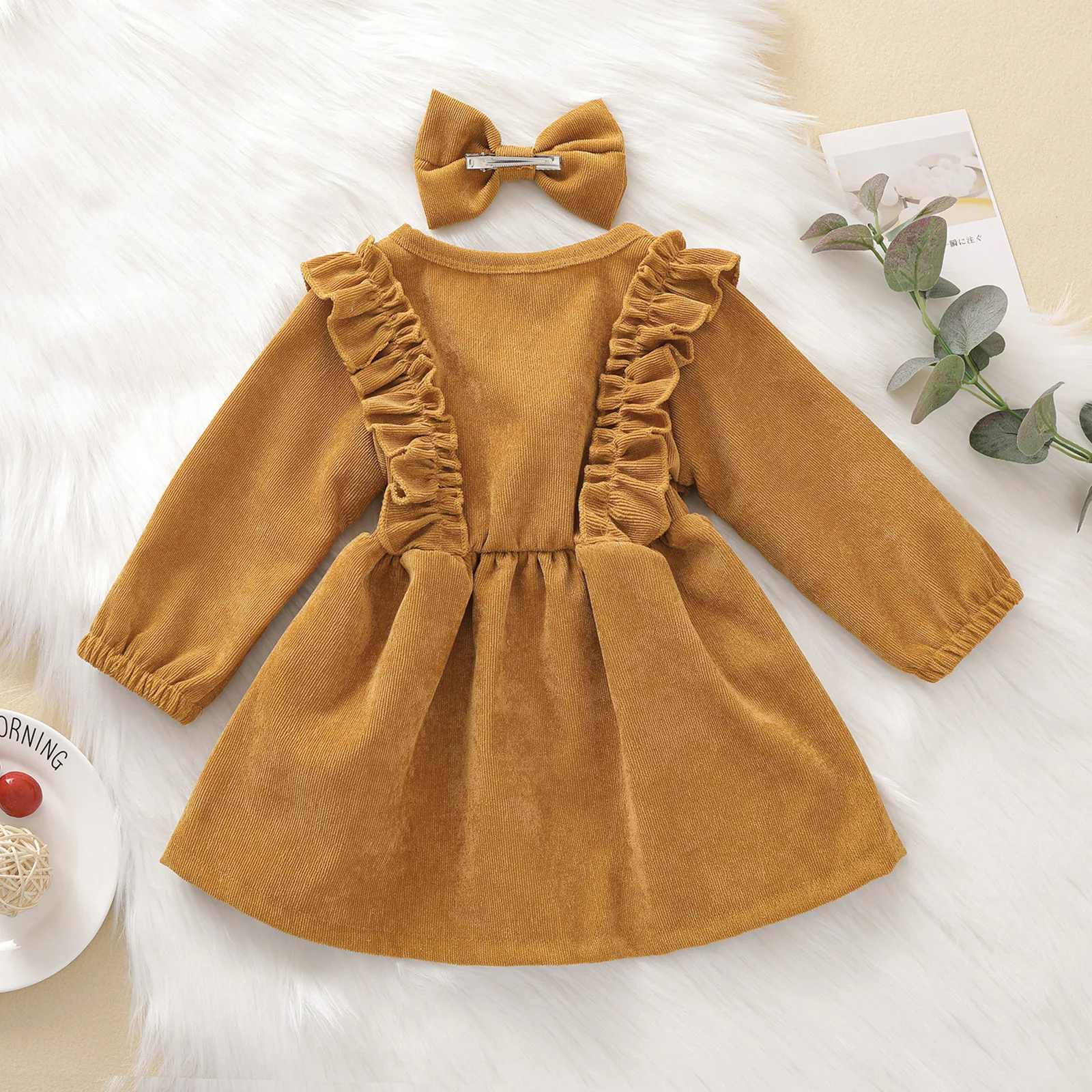 

MJL Girls Dress Bow Elegant Princess Dresses Corduroy Clothes Vintage Costume Vestidos Children Clothing Full Sleeve Solid Color