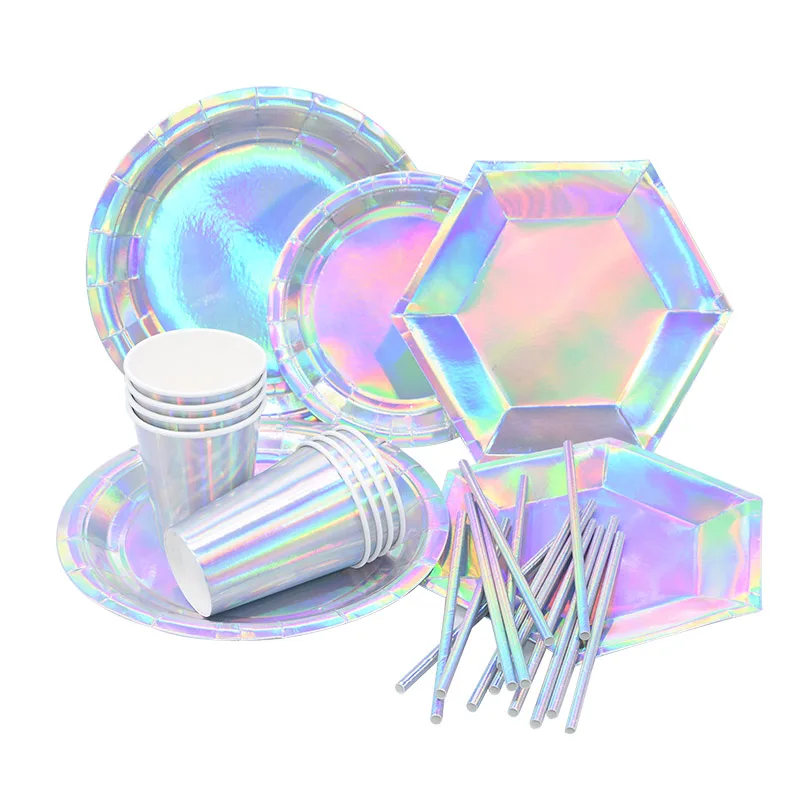 

Pink Silver Glitter Bling Laser Paper Plates /Cups/Straws Disposable Party Tableware Set Kids Birthday Hen Party Supplies Decor