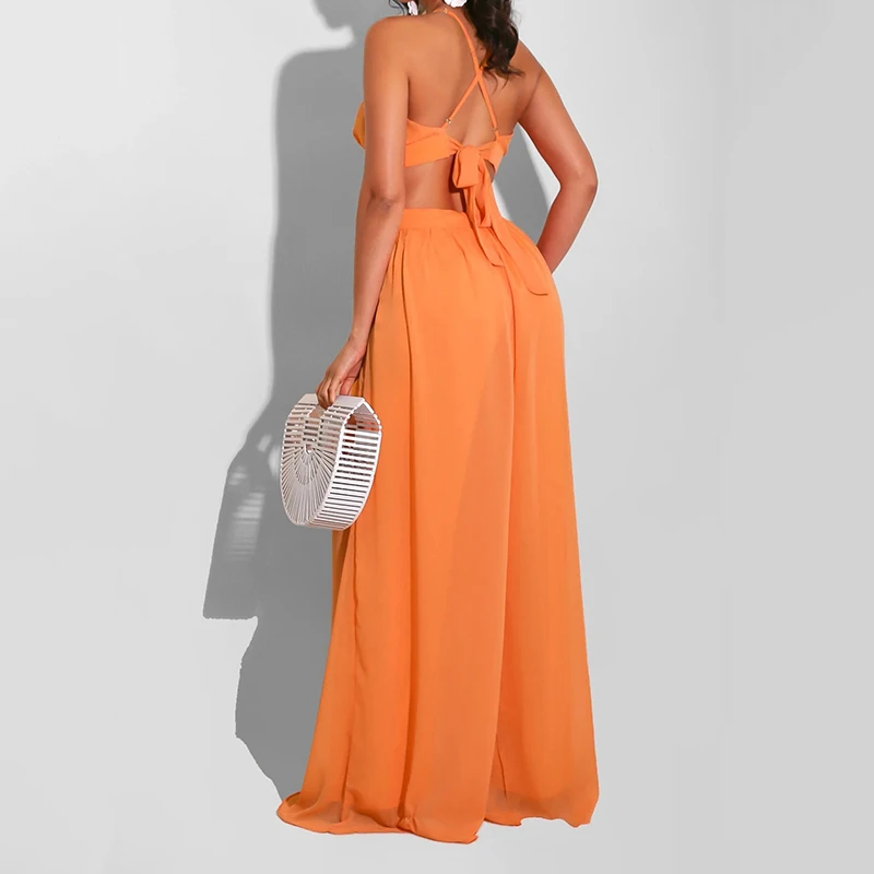 

Women's Spaghetti Strap Jumpsuits Solid Color Hollow Out Sexy Summer 2021 Female Casual Wide Leg Pants Party Club Beach Clothes