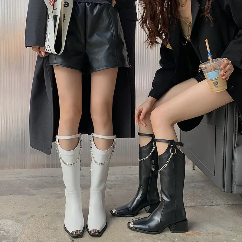 

2021 Winter New Chain Long Boots Female Metal Square Toe Root Knee-High Fleece-Lined Boots V Cut Knight Women's Punk Fan Boots