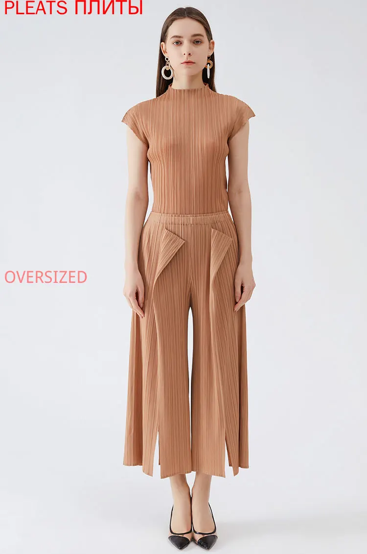 

Miyake Spring/Summer 2021 New Stitching Fold Wide-leg Pants Women Loose Slit High Waist Drape Casual Pants Women Pleats Trousers