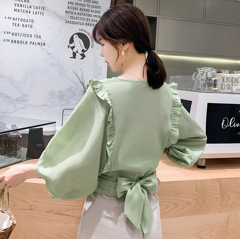 Рубашки с круглым вырезом на осень и лето новинка 2019 кружевная шифоновая блузка