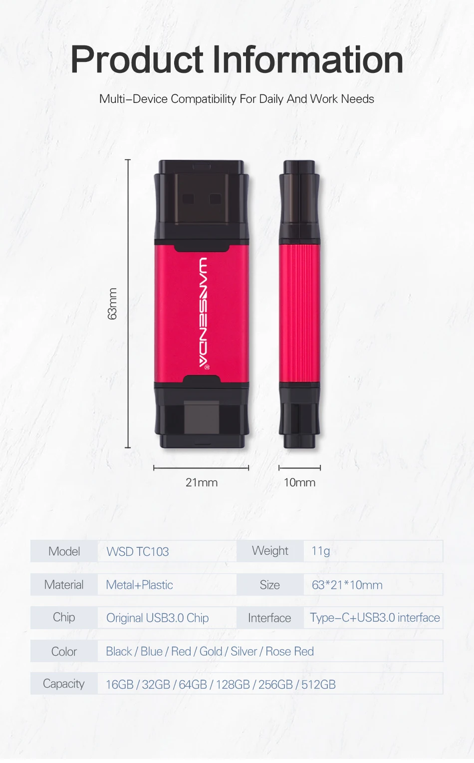 Горячая WANSENDA, 2 в 1, TYPE-C, USB 3,0, USB флеш-накопитель, металлический флеш-накопитель, 16 ГБ, 32 ГБ, 64 ГБ, 128 ГБ, 256 ГБ, 512 ГБ, флеш-накопитель, USB флешка