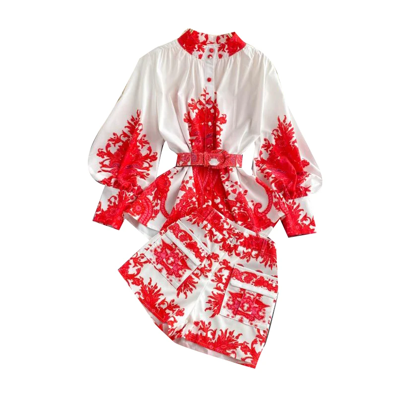 

Vintage Women Shorts Set Winter New Lantern Sleeved Shirts And Wide Leg Female Clothing Suits