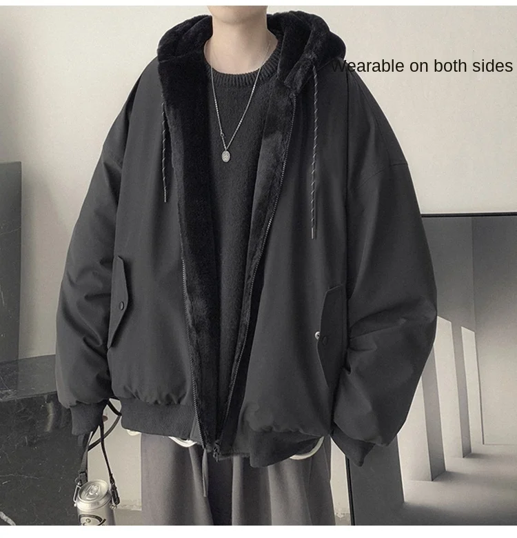 

New Winter Oversized Black Warm Thick Parka with Fur Inside Hood Long Sleeve Korean Fashion Men 2021 Reversible Fur Coat