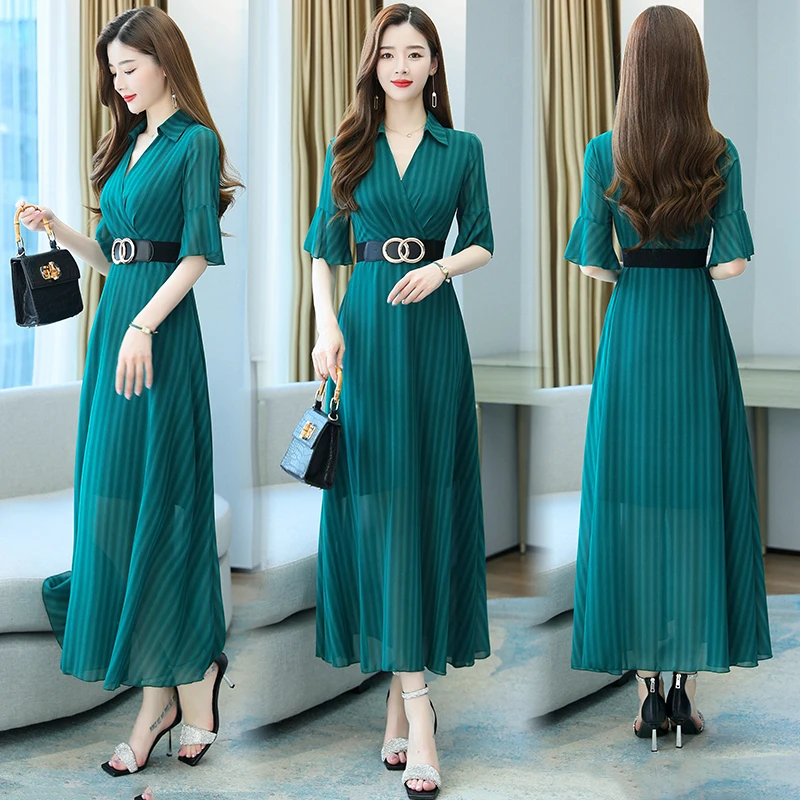 Красный в зеленую полоску летнее платье для женщин с коротким рукавом