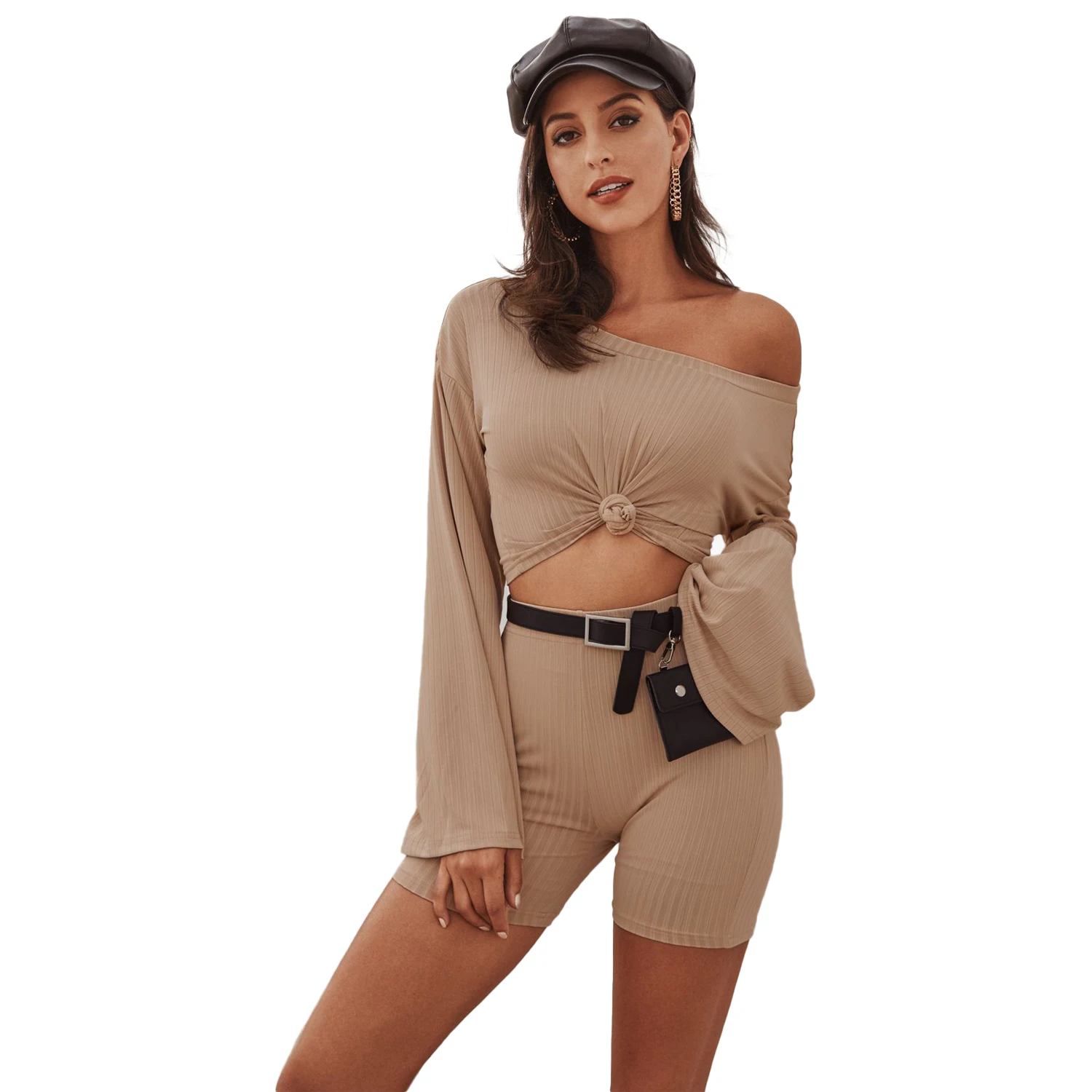 

Women Two Pieces Set Long Sleeve T-shirt Shorts Suits Fashion Solid Color Oblique Shoulder Top and Tight High-waist Pants Autumn