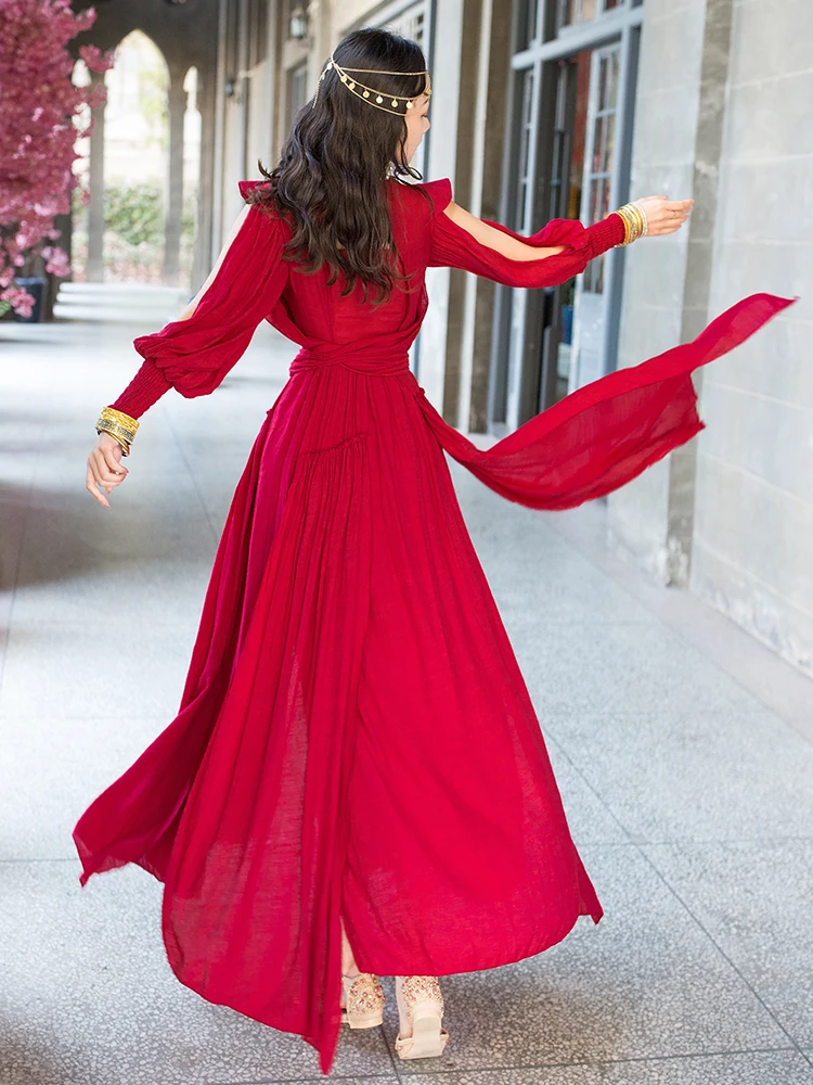 

In the spring and summer new dress long flax off-the-shoulder eldest daughter red dress will restore ancient ways