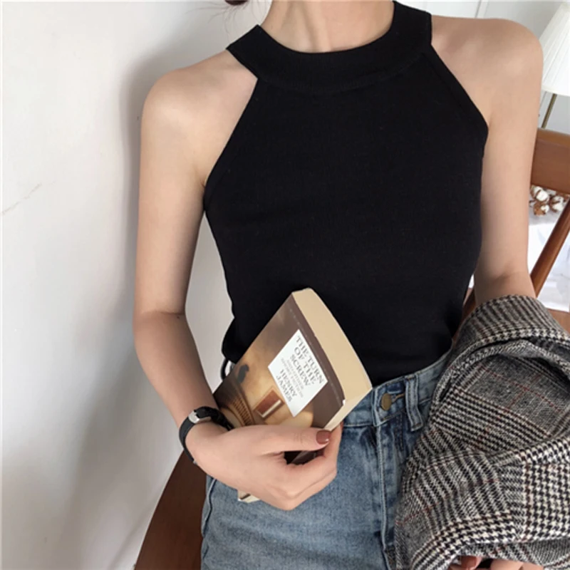 

Off Shoulder Women Spring Summer Style Knitted Blouses Shirts Lady Casual Halter Collar Sleeveless Knitted Blusas Tops DF2971