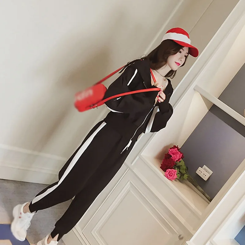 

Tracksuit 2 Pieces Set Fashion Solid Long Sleeve Zipper Hoodie Sweatshirt+striped Patchwork Long Pants Women Causal Sporty Suit