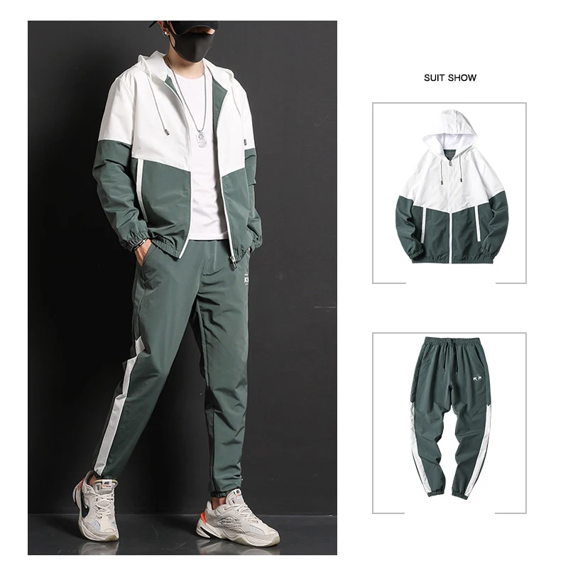 

2020 Men Hooded Tracksuit Casual Hip Hop Jacket And Steetwear Pants Two Pieces Sweatsuit Casual Track Suit
