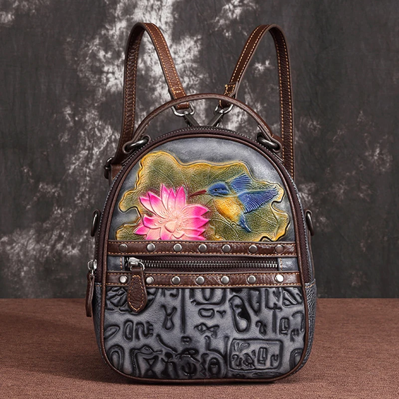 Женская Цветочная Дорожная сумка из натуральной воловьей кожи рюкзак удобный