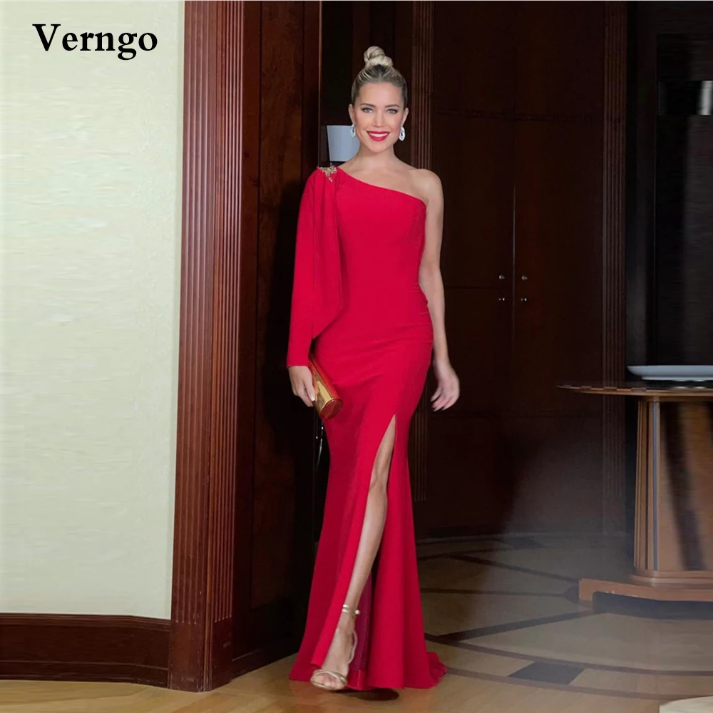 

Verngo Red Mermaid Evening Dress One Long Sleeve Stretch Satin Formal Party Dress Slit Elegant Prom Gowns 2021 Celebrity Dress