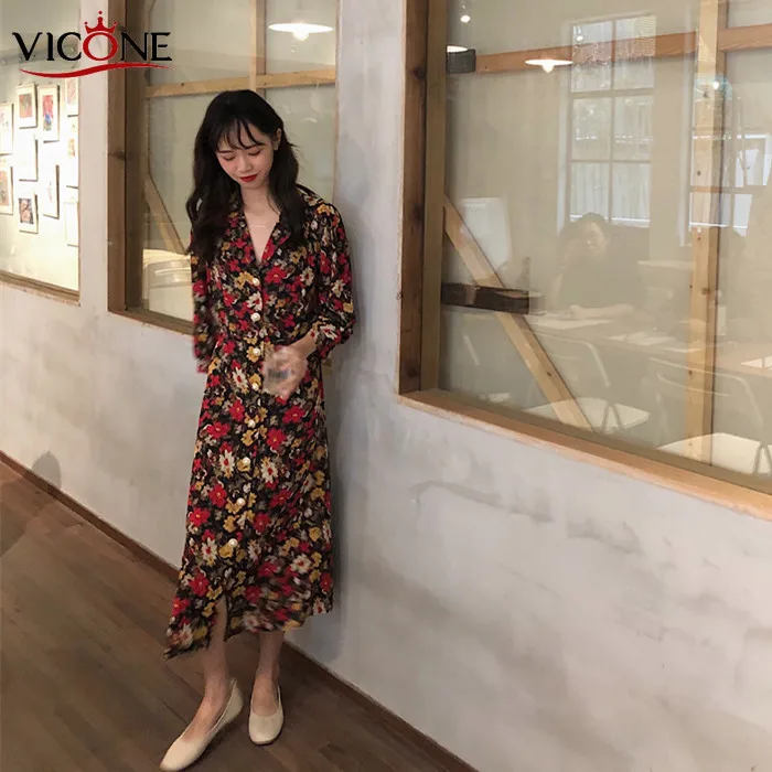 

VICONE Printed Slim Pleated Dress Long Sleeves Flower Printting Dating Dress Skinny WaistPleated Dress