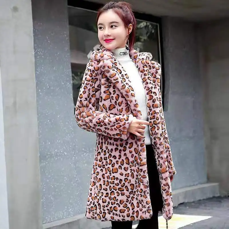 

leopard Multicolor print faux fur coat women lapel Long warm womens plus size fashions Winter clothes women 2020 7xl